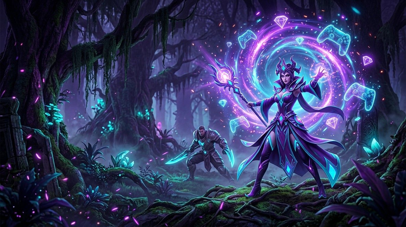 Key art Miracle GS: penyihir berjubah ungu membuka portal berisi diamond dan stik game di hutan bercahaya neon